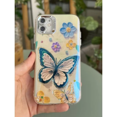 Paladyum Case iPhone 11 Uyumlu Lens Korumalı Simli Kelebekli Çiçekli