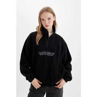 DeFacto Regular Fit Yarım Fermuarlı Baskılı Polar Sweatshirt