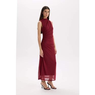 DeFacto Bodycon Vücudu Saran Yarım Balıkçı Yaka Basic Tül Maxi Abiye Elbise