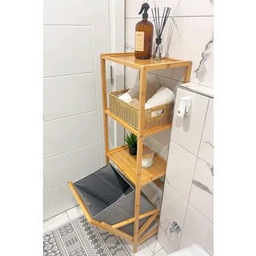 Lev Home 3 Raflı Bambu Kirli Sepeti, Banyo Düzenleyici, Raflı Çamaşır Sepeti