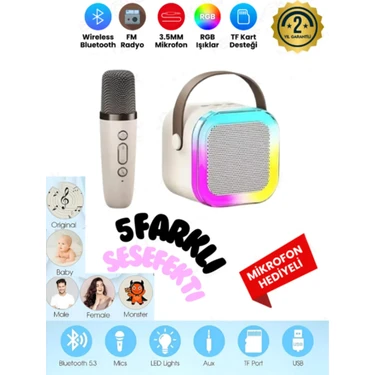 K12 Kablosuz Bluetooth Hoparlör Karaoke Mikrofon 5 Ses Efektli Rgb Hd Stereo ?es