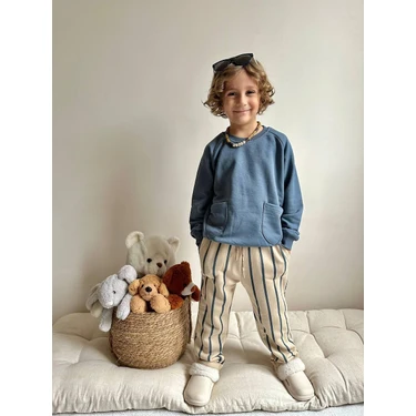 Sacro Kids Çift Cepli Altı Çizgili Eşofman-Sweatshirt 3 Iplik Kışlık Erkek Çocuk