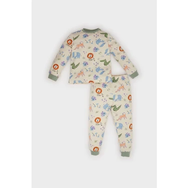 DeFacto Erkek Bebek Pijama Takımı Safari Baskılı Bisiklet Yaka Uzun Kollu Üst Beli Lastikli Uzun