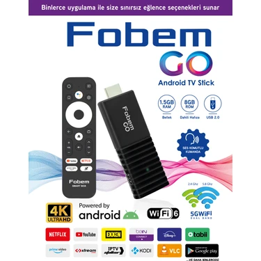 Fobem Go 4K Stick Android Tv Box Medya Oynatıcı -  Wi-Fi6 1.5 GB Ram 8 GB