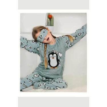 Gri Mor Tekstil Kız Çocuk Penguenli Göz Bantlı Peluş Polarlı Pijama