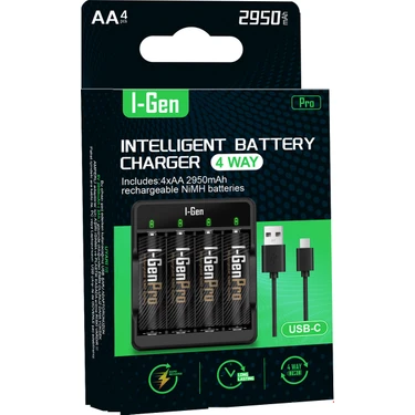 I-Gen Batteries I-Gen G429 Pro Series 4x USB Pil Şarj Cihazı 4 Adet 2950 AA Kalem Pilli Set, 4 adet