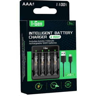 I-Gen Batteries I-Gen G411 Pro Series 4x USB Pil Şarj Cihazı 4 Adet 1100 AAA İnce Pilli Set, 4 adet