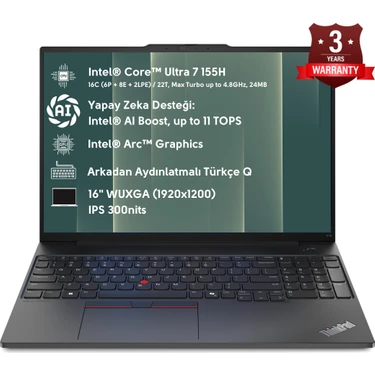 Lenovo Thinkpad E16 Intel Core Ultra 7 155H 32GB 2tb SSD 16"fhd Windows 11 Pro Taşınabilir