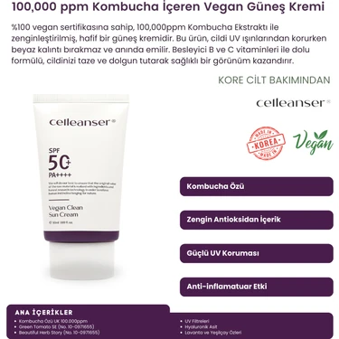 Celleanser Vegan Güneş Kremi - 100.000 Ppm Kombucha İçeren Nemlendirici ve Antioksidan Güneş