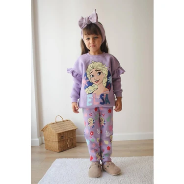 Sacro Kids Elsa Baskılı Eşofman-Sweatshirt 3 Iplik Şardonlu Kışlık Kız Çocuk