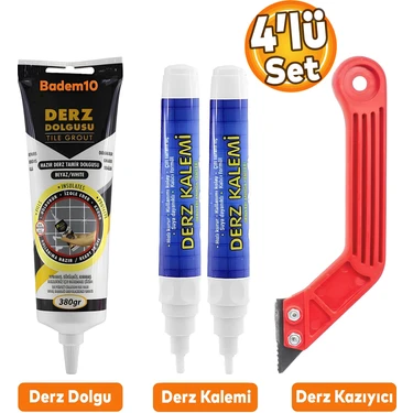 Badem10 (4'LÜ SET) Fayans Arası Beyaz Hazır Derz Dolgusu + Temizleyici Kazıyıcı + 2'li Derz Boyama