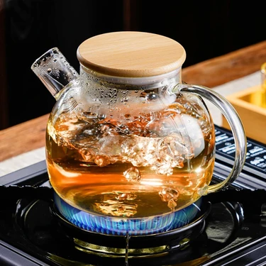 Erkugo Vakumlu Bambu Kapaklı Isıya Dayanıklı Borosilikat Cam Demlik, Süzgeçli Demlik (1000 Ml)