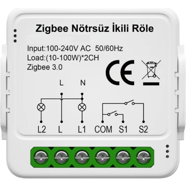 Zigbee Çift Çıkışlı Nötrsüz Akıllı Röle Tuya - 