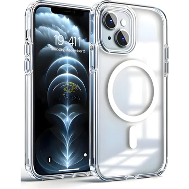 Fibaks Apple iPhone 14 Plus Kılıf Magsafe Wireless Kablosuz Şarj Destekli Şeffaf Darbe Emici
