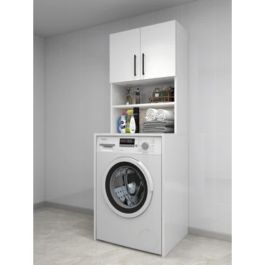 Tetto Elagante Papatya Çamaşır Makinesi Dolabı, Banyo Dolabı, 4 Raflı, Kapaklı, Beyaz