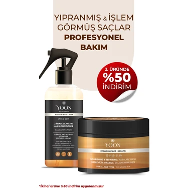 Yoon Vegan Saç Bakım Spreyi & Maskesi 250ML, Hyaluronik Asit, Keratin, Kolajen ve B7 Biotinli 2'li