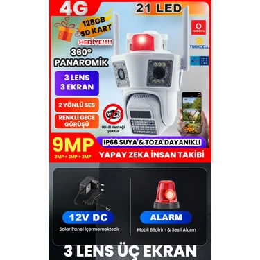 9mp(3+3+3) , 4g Destekli Kamera, 3 Ekranlı , 3 Kameralı, Yapay Zeka,insan Algılama, Su