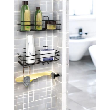 Ahlas Store Ahlas Store Siyah Yapışkanlı 2li Set Banyo Düzenleyici Şampuanlık Banyo Rafı Duş Rafı