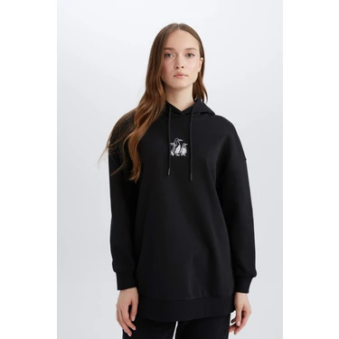 DeFacto Relax Fit Kapüşonlu İçi Yumuşak Tüylü Nakışlı Kalın Sweatshirt Tunik