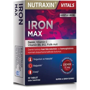 Nutraxin Iron Max Demir, Vitamin C, Vitamin B12 Içeren Takviye Edici Gıda 30