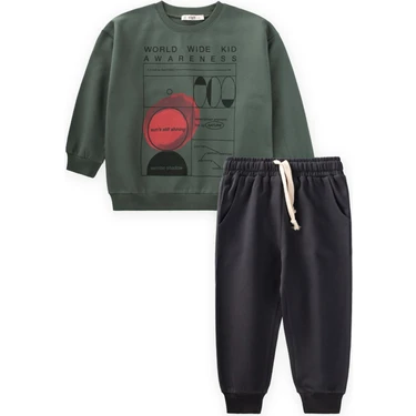 Geometrik Desen Baskılı Sweatshirt Takım 3-10 Yaş Haki