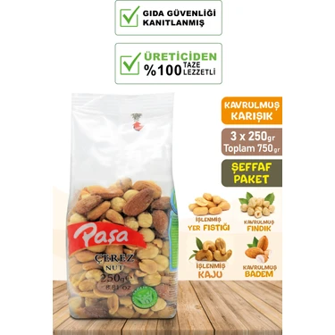 Paşa Kuruyemiş Kavrulmuş Karışık Kuruyemiş 250 gr x 3 Adet (Toplam 750