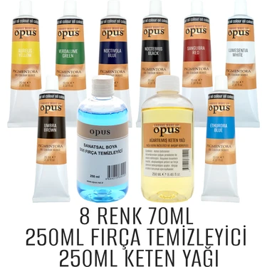 OPUS Yağlı Boya 70ml Sekizli Paket 250ml Keten Yağı 250 Fırça Temizleyici Başlangıç