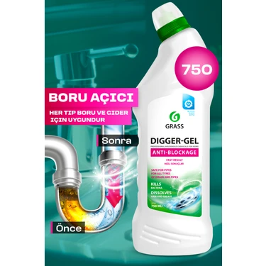 Grass Dıgger-Gel Lavabo Açıcı - Kanalizasyon Boruları Için Alkali Temizleyici Jel (750