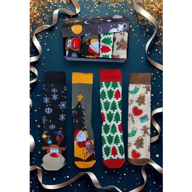 4'lü Yılbaşı Çorabı Noel Christmas Temalı Unisex Soket Çorap Karışık Kadın ve Erkek Hediye Kutulu