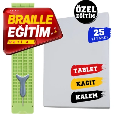 Braille Eğitim Seti 4 (25'li) (4 Satırlı Braille Tablet, Braille Kalem, 25'li Braille Yazı