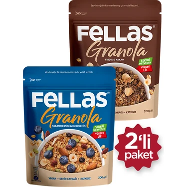 Fellas Granola 2'li Paket - Yaban Mersini & Kuruyemişli 200g + Fındık & Kakaolu