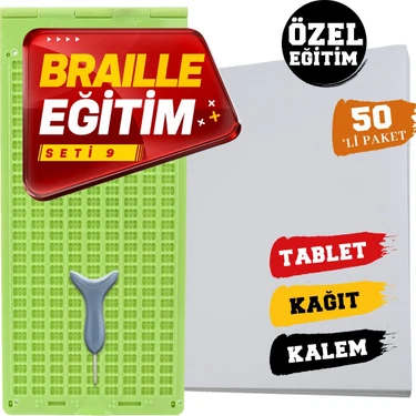 Braille Eğitim Seti 9 (50'li) (9 Satırlı Braille Tablet, Braille Kalem, 50'li Braille Yazı