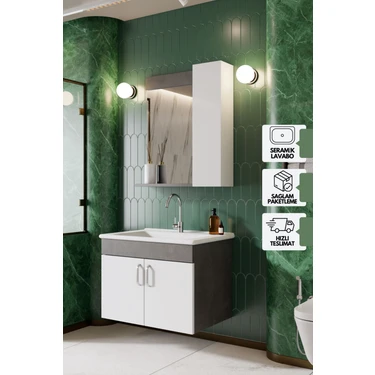 Karen Banyo Gümüş 65 cm Lavabolu Banyo Dolabı Retro Gümüş-Beyaz Lavabo