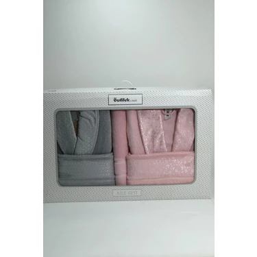 Özdilek Camellia Pamuk Unisex Aile Bornoz Seti Gri Pembe Geleneksel Desen M ve L