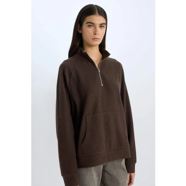 DeFacto Oversize Geniş Kalıp Basic Düz Kanguru Cepli Fermuarlı Polo Yaka Sweatshirt