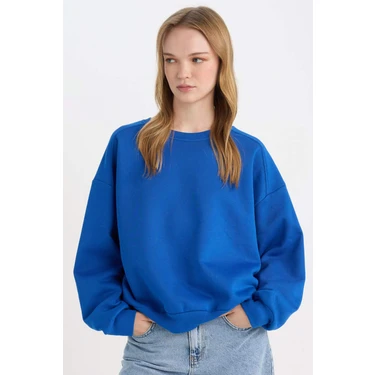 DeFacto Coool Oversize Geniş Kalıp Bisiklet Yaka Kalın Basic Düz Sweatshirt