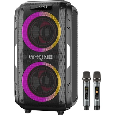 W-Kıng T9PRO Çift Mikrofonlu Bluetooth Hoparlör 250W Işıklı Karaoke Partybox Ipx5 Kablosuz Ses