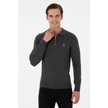 U.S. Polo Assn. Erkek Slim Fit Yarım Fermuarlı Antrasit Melanj Basic Kazak