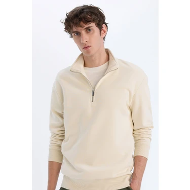 DeFacto Comfort Regular Fit Rahat Kalıp Fermuarlı Dik Yaka Basic Düz Sweatshirt