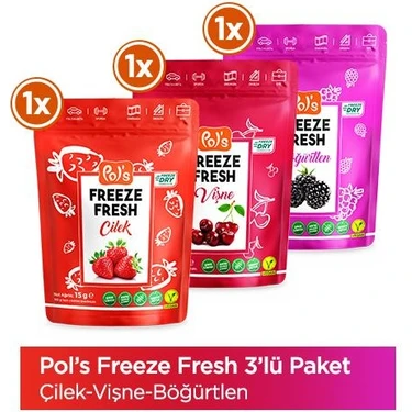 Pol’s Freeze Fresh Çilek 15 g x 1 Adet, Vişne 25 g x 1 Adet , Böğürtlen 20 g x 1 Adet Freeze Dry