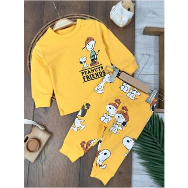 Bisiklet Yaka Peanuts Friends Baskılı Alt Üst Pijama