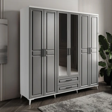 GuneyStore Ücretsiz Montaj - %100 MDF Gözde 6 Kapaklı Antrasit Beyaz Aynalı Gardırop - MDF Dolap -