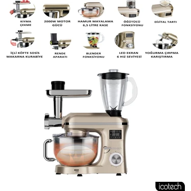Icotech SM50 Gold LED Ekranlı Hamur Mayalama Kıyma Çekme Blender 2000W 6,5 Litre Stand Mikser