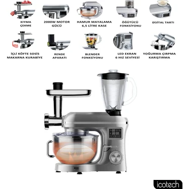 Icotech SM50 Gümüş LED Ekranlı Hamur Mayalama Kıyma Çekme Blender 2000W 6,5 Litre Stand Mikser