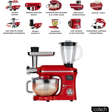 Icotech SM50 Kırmızı LED Ekranlı Hamur Mayalama Kıyma Çekme Blender 2000W 6,5 Litre Stand Mikser