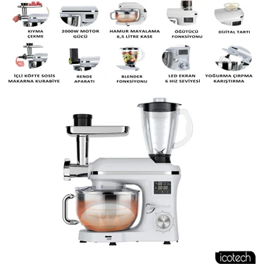 Icotech SM50 Beyaz LED Ekranlı Hamur Mayalama Kıyma Çekme Blender 2000W 6,5 Litre Stand Mikser