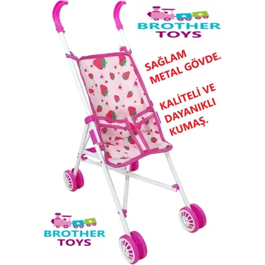 Brother Toys Çilek Desenli Metal Katlanabilir Bebek Arabası Puset Beyaz Pembe