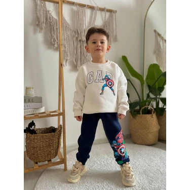 Sacro Kids Beyaz Marvel Baskılı Eşofman-Sweatshirt 3 Iplik Şardonlu Kışlık Erkek Çocuk