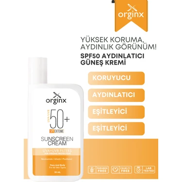 Orginx Ton Eşitleyici Yüksek Koruma Etkili SPF50 Aydınlatıcı Pembe Yüz Güneş Kremi Hibrit Formül 50