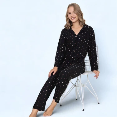 Prestij Homewear Kadın Pamuklu Siyah Mini Kalp Desenli Uzun Fiyatı